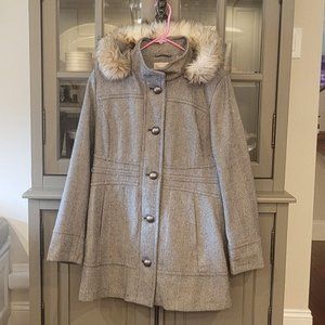 Esprit Chevron Wool Coat with removable fur trim hood, Size L